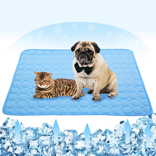 VeMee Summer Cooling Mat for Dogs Cats Ice Silk Self Dog Cooling Mat Breathable Pet Crate Pad Portable & Washable Pet Cooling Blanket for Outdoor or Home (28 X 22in Blue)